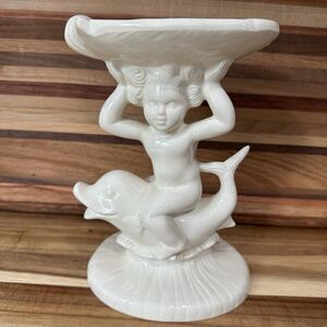 Vtg ‘60 Cherub Riding Dolphin Holding Shell Soap Dish - Holland Mold White Glaze